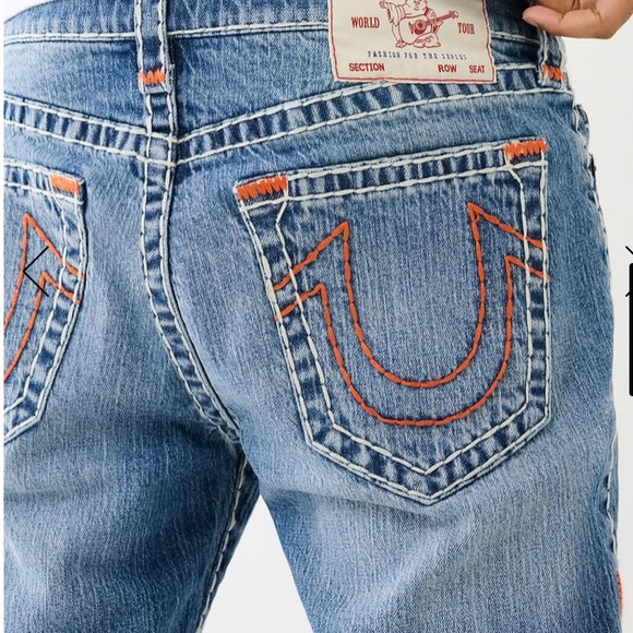 True Religion Men's Denim Jeans with Bold Orange Accents - Picture 1 of 5